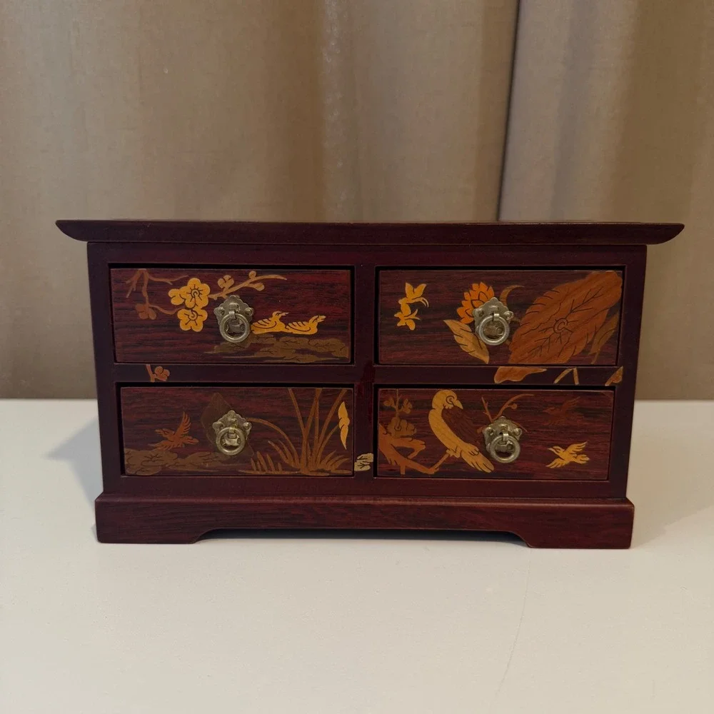 Vintage Japanese Yosegi Zaiku Marquetry Wood Jewelry‎ Box 4 Drawer Crane Inlay